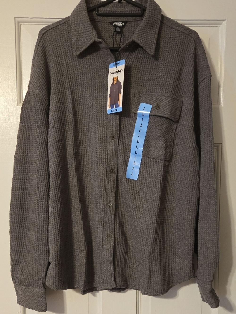 NWT Ladies Grey Waffle Knit Button-Up Shirt
